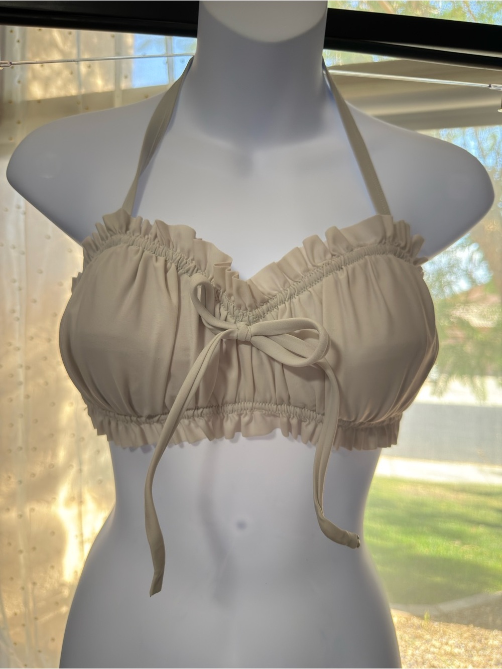 Unique Vintage Cream Ruffled Halter Swim Bralette
